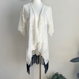 Womens Neutral Ivory Black Lace Kimono Cover Up  Fringe Boho Lagenlook Summer S